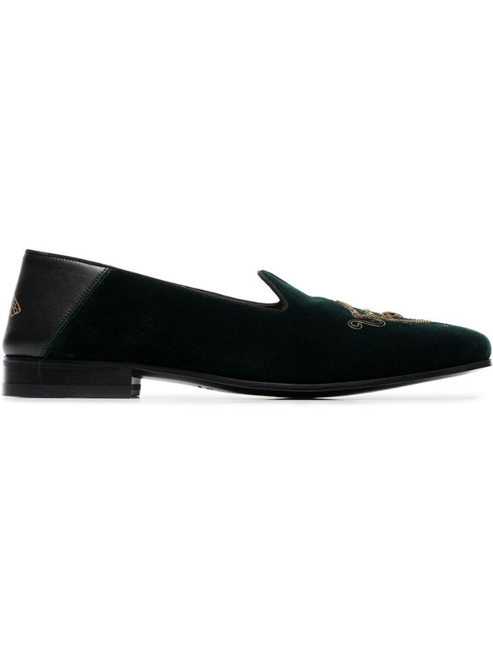 Gucci Green Crest Embroidered Velvet Loafers