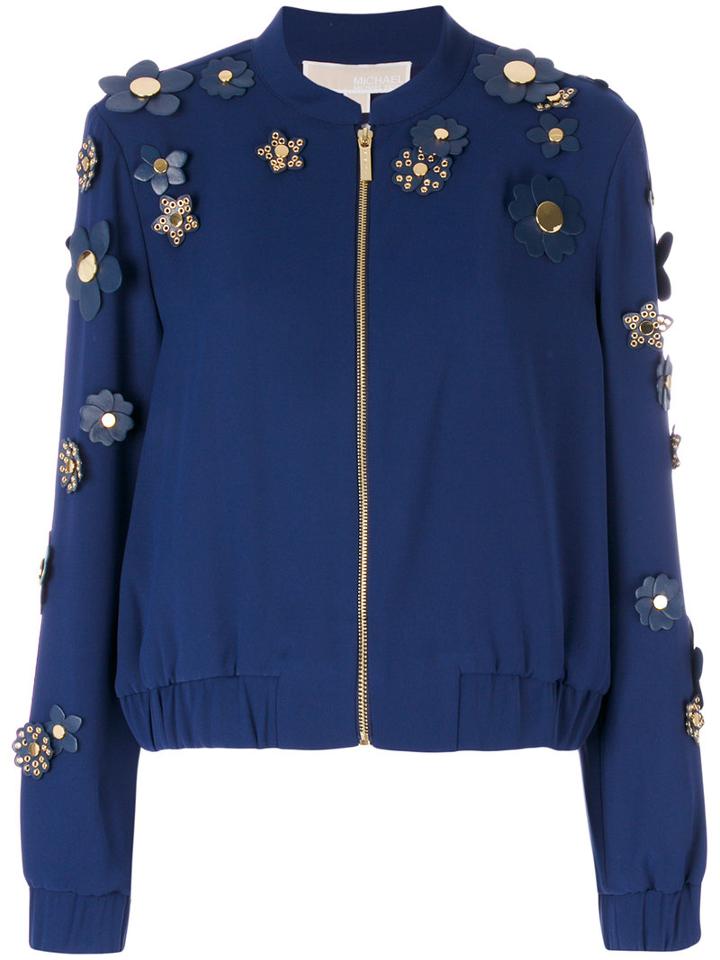Michael Kors - Flower Embellished Bomber Jacket - Women - Polyester - Xs, Blue, Polyester