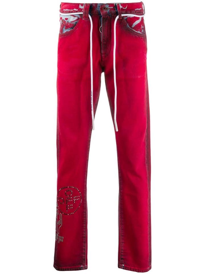 Off-white Stud Embellished Die Effect Denim Jeans - Red