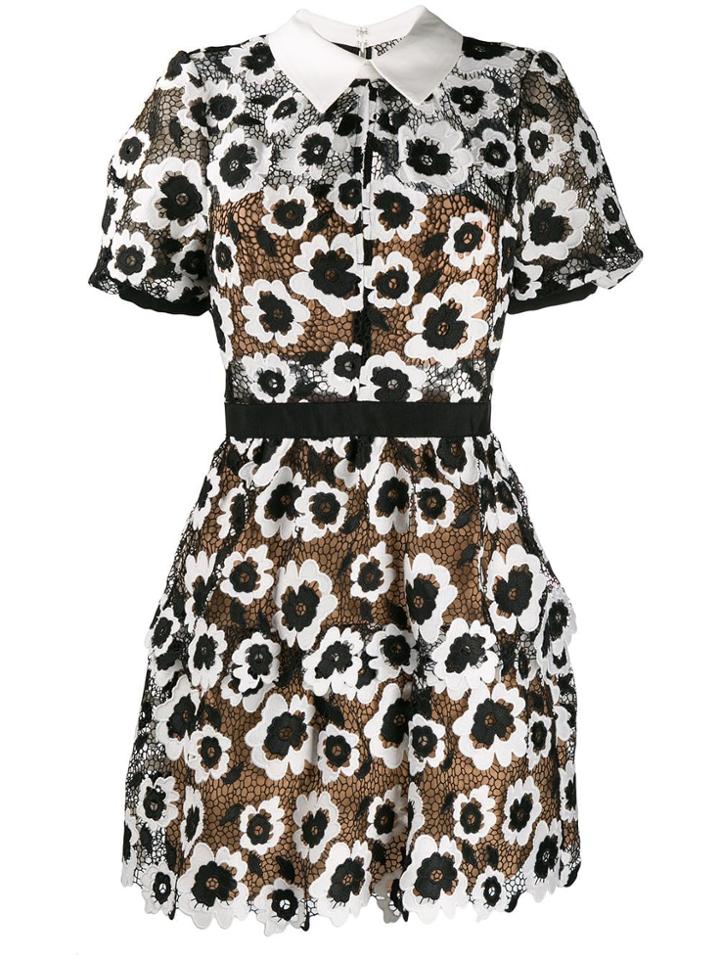 Self-portrait Floral Appliqué Collared Mini Dress - Black