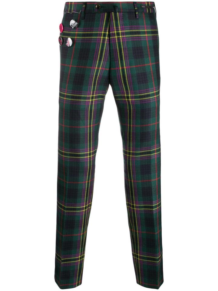 Pt01 Check Trousers With Badges - Green