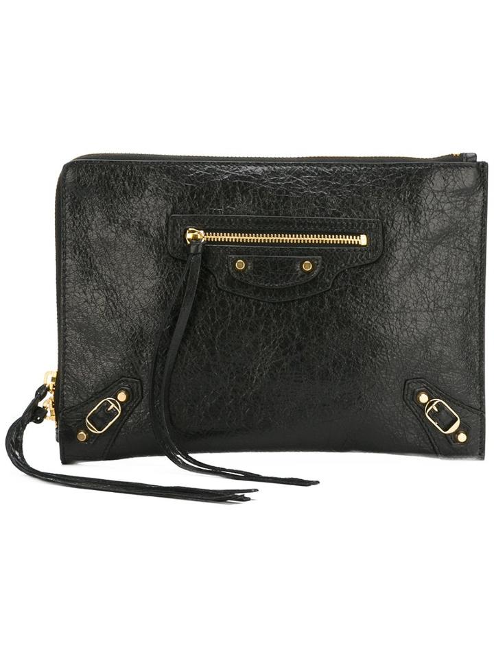 Balenciaga Zipped Clutch, Women's, Black, Cotton/calf Leather/metal
