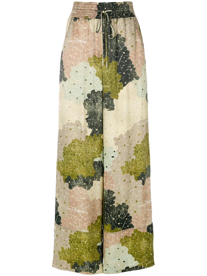 Off-white Floral-print Wide-leg Trousers - Green