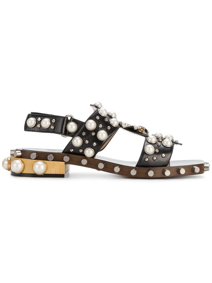 Gucci Pearl And Crystal Studded Sandals - Black