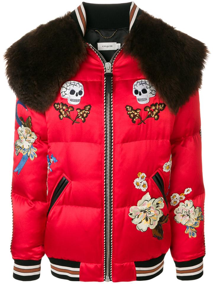 Coach Skull And Floral Appliqué Shearling Trimmed Bomber Jacket - Red