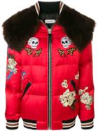 Coach Skull And Floral Appliqué Shearling Trimmed Bomber Jacket - Red