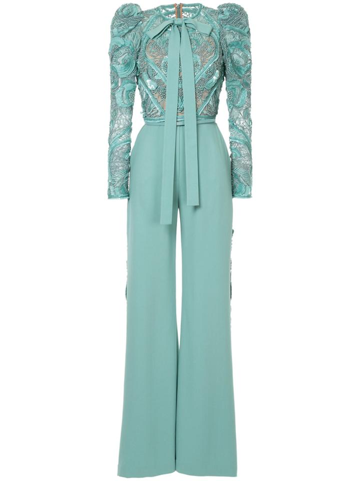 Elie Saab Juliet Sleeves Beaded Jumpsuit - Green