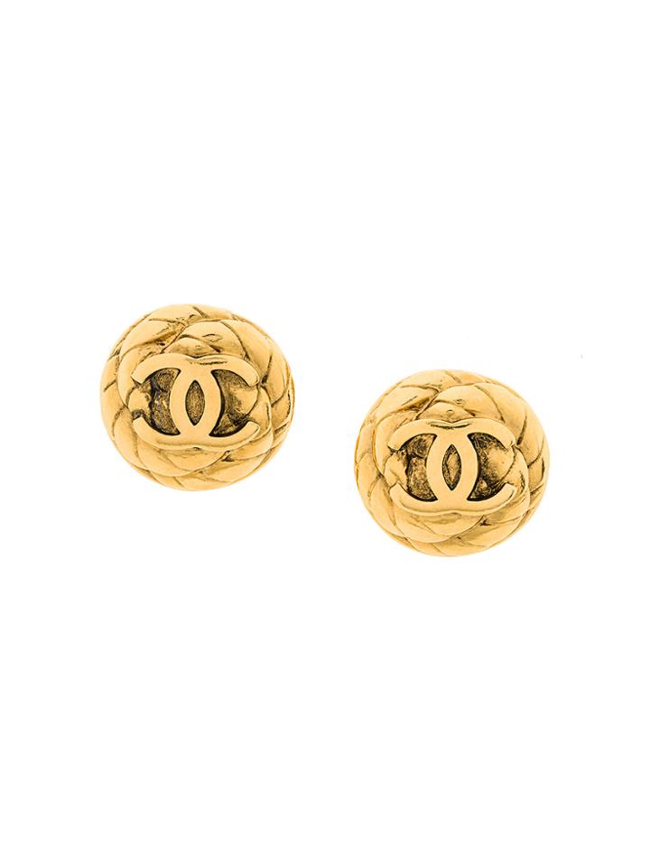 Chanel Vintage Quilted Logo Earrings - Metallic