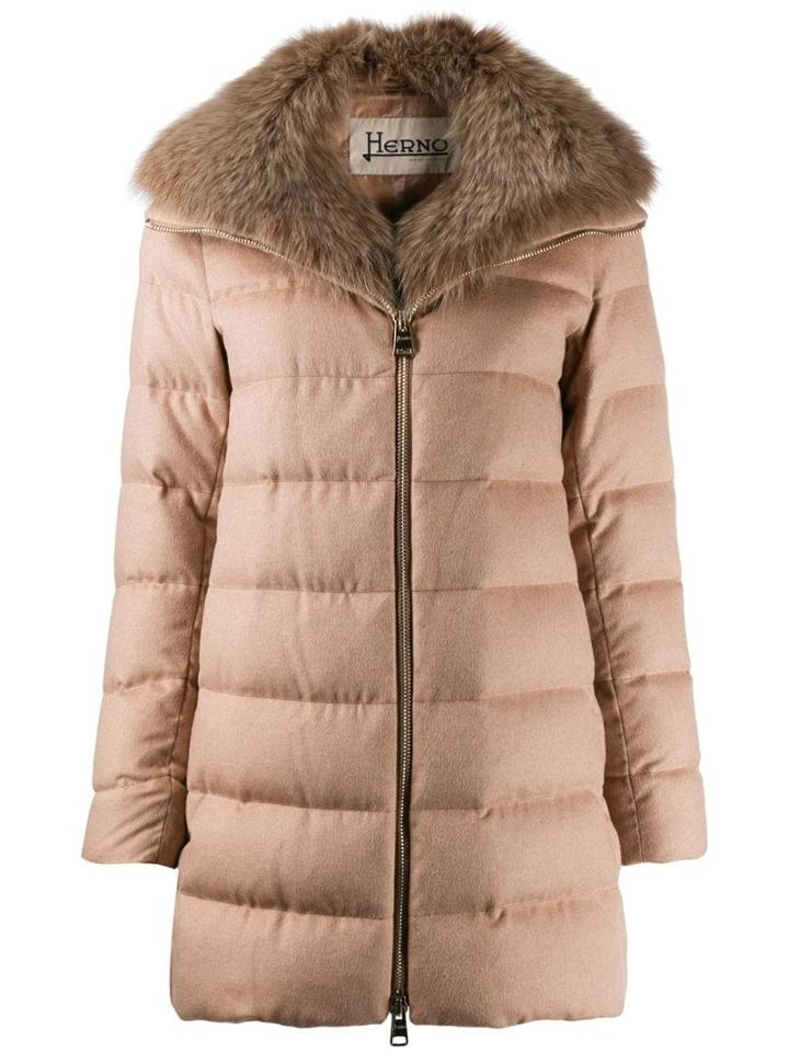 Herno Detachable Fur Collar Padded Coat - Neutrals