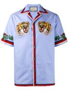 Gucci Tiger Embroidered Bowling Shirt, Men's, Size: 48, Blue, Cotton/polyester