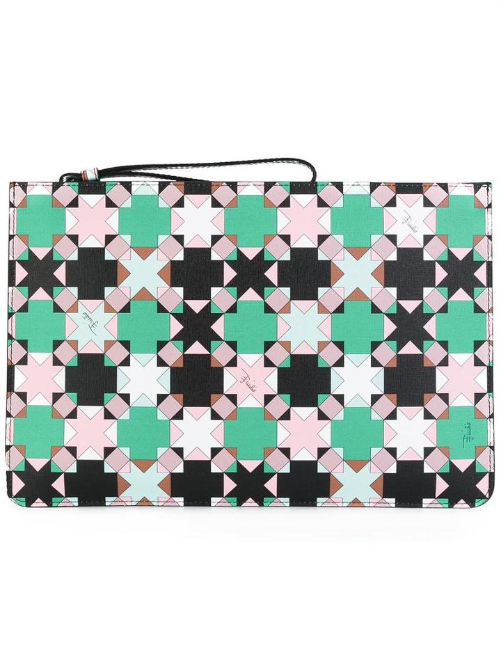 Emilio Pucci Geometric Print Clutch, Women's, Green, Leather