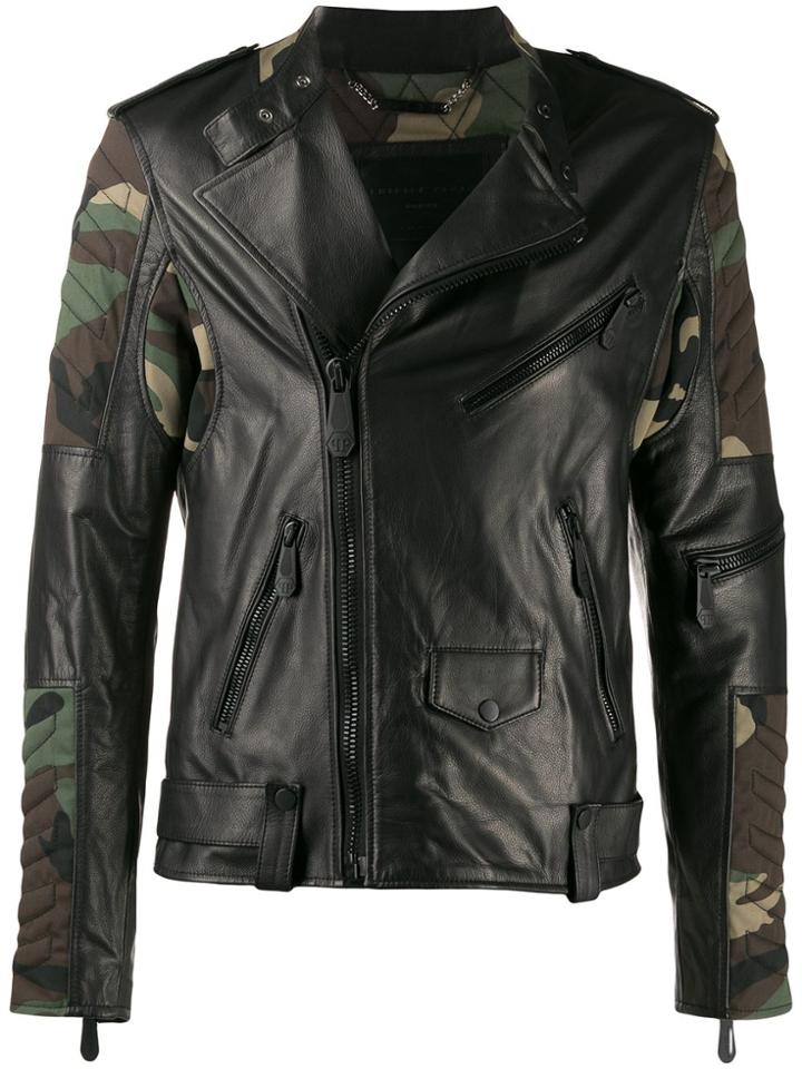 Philipp Plein Camouflage Sleeve Biker Jacket - Black