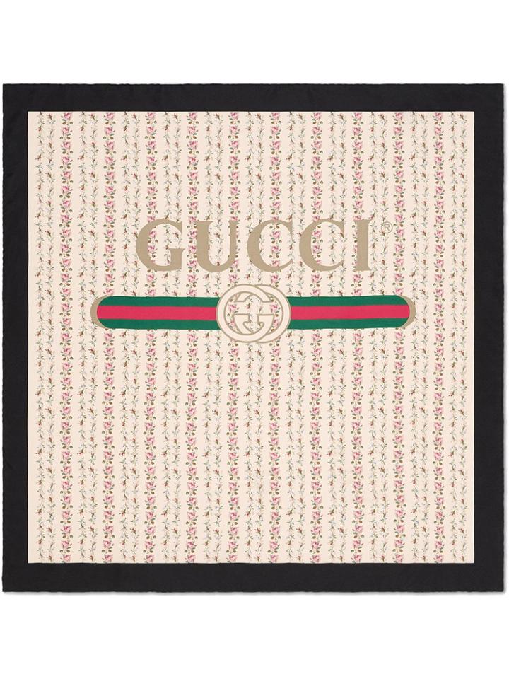 Gucci Gucci Logo Rose Print Silk Scarf - Neutrals