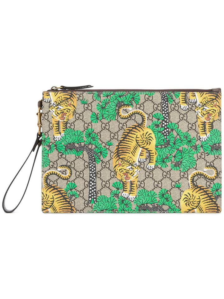 Gucci Bengal Tiger Print Pouch, Men's, Brown, Polyurethane
