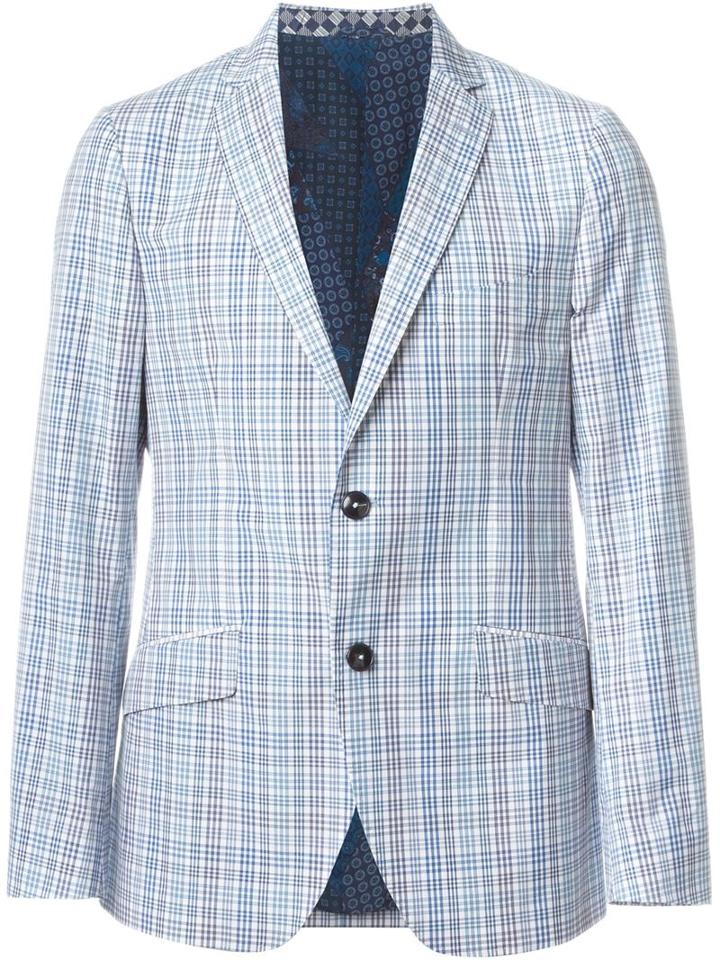 Etro Woven Check Blazer, Men's, Size: 54, Blue, Silk/cotton