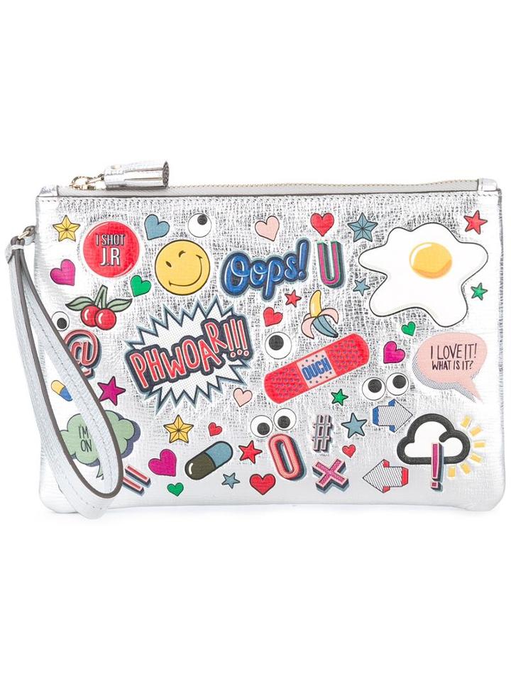 Anya Hindmarch Stickers Zipped Clutch, Women's, Grey, Goat Skin