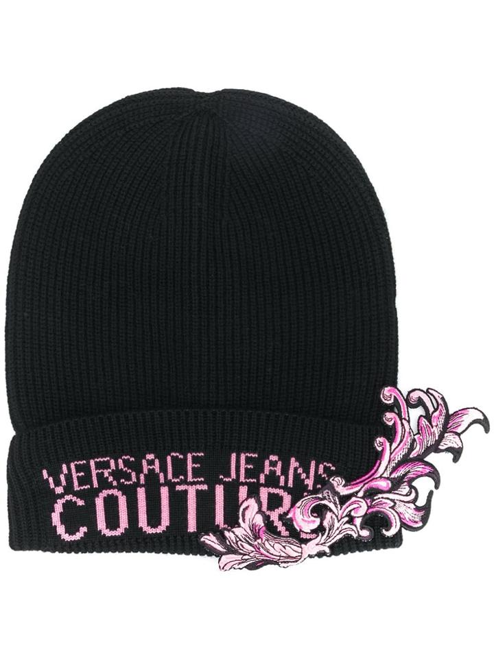 Versace Jeans Couture Logo Embroidered Beanie Hat - Black