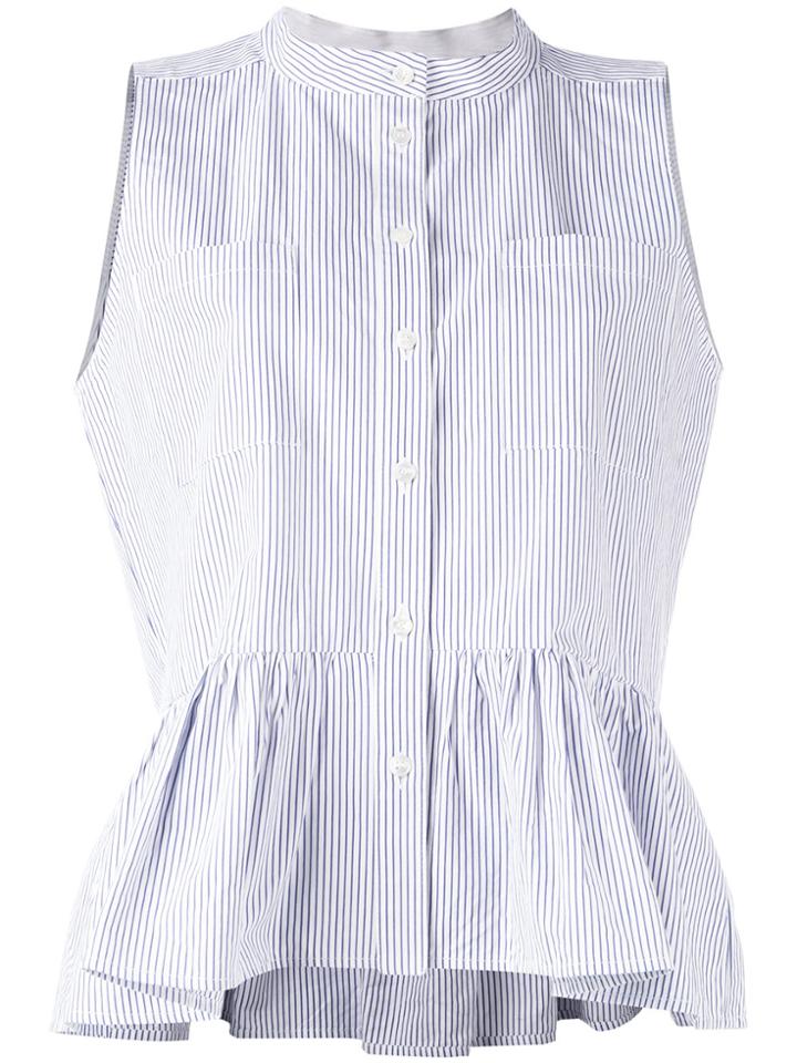 Sea Pinstripe Frill-trim Blouse - Blue