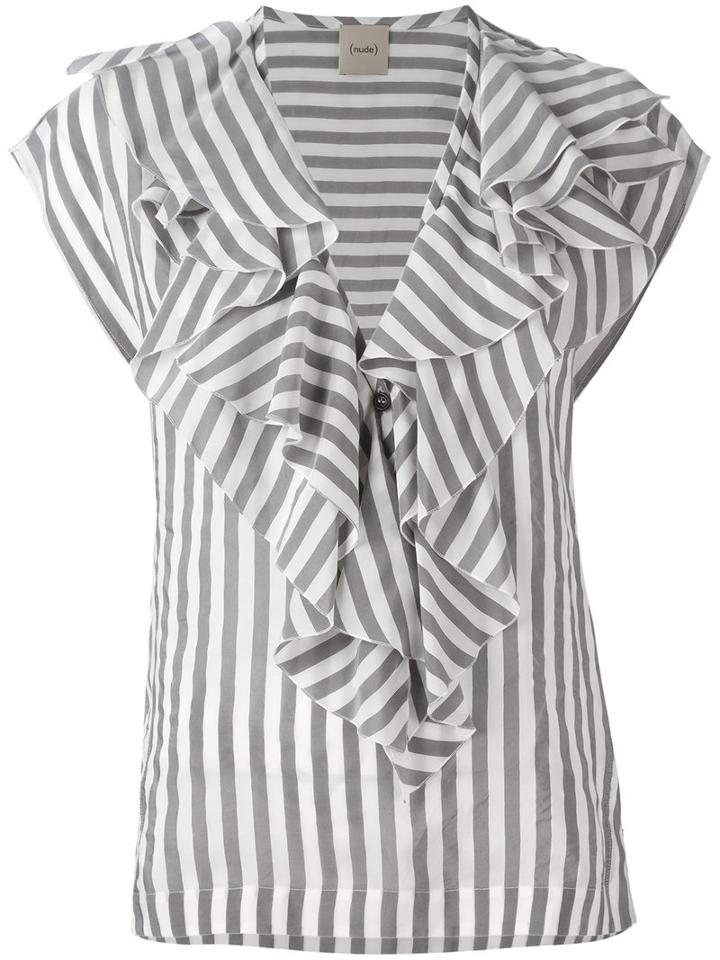 Nude Striped Ruffle Neck Blouse, Women's, Size: 38, Grey, Cupro