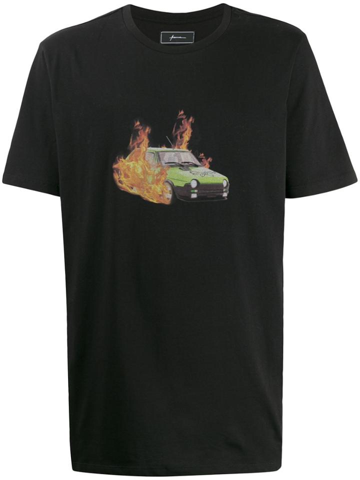 Paura Burning Car Print T-shirt - Black