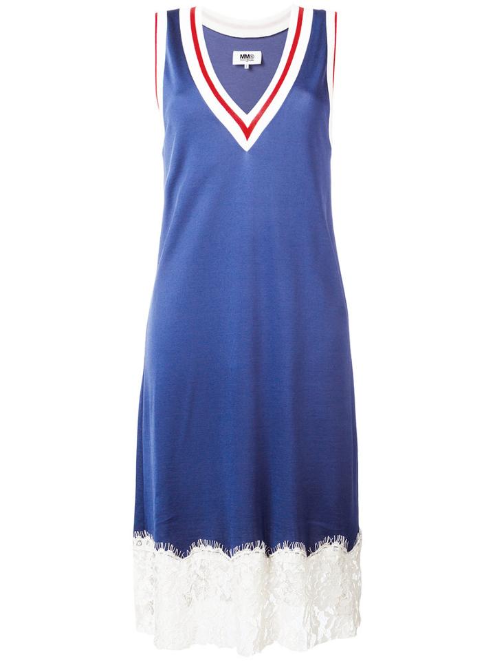 Mm6 Maison Margiela Lace-trim Shift Dress, Women's, Size: Large, Blue, Viscose/cotton/polyamide