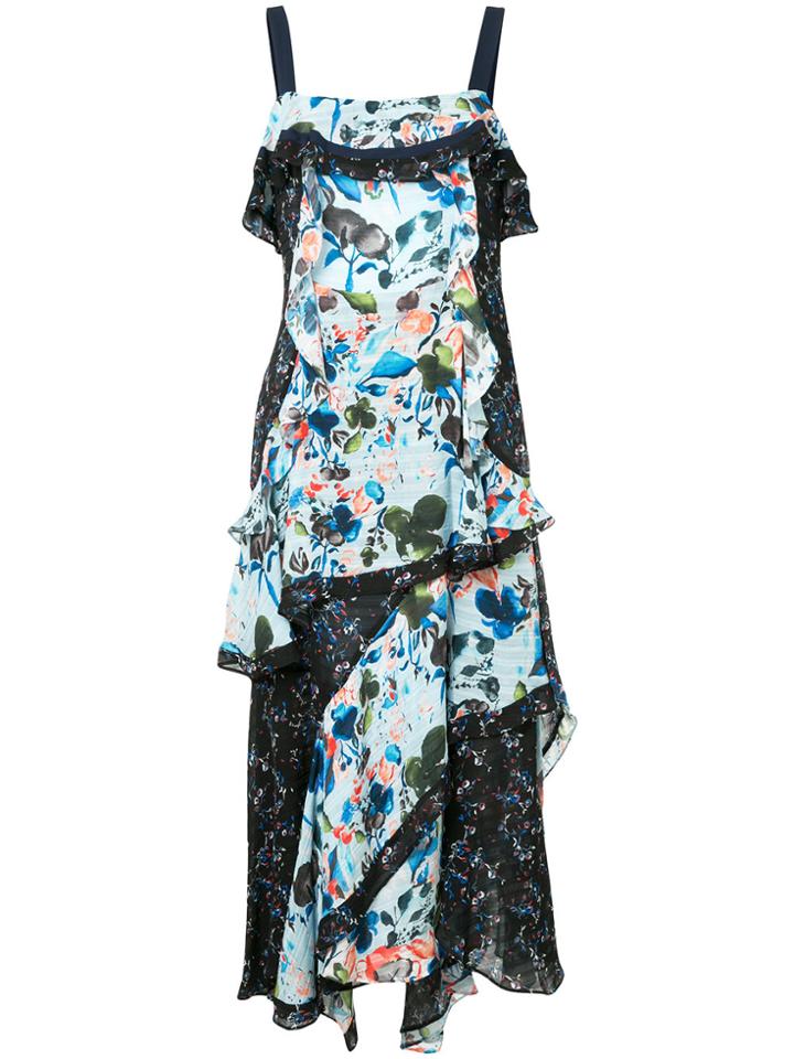 Tanya Taylor Panelled Floral Print Asymmetric Dress - Blue