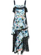 Tanya Taylor Panelled Floral Print Asymmetric Dress - Blue