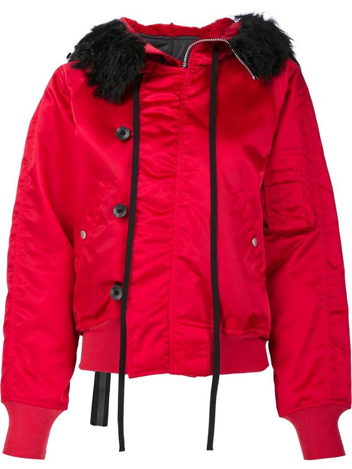 Unravel Project Fur Hood Bomber Jacket, Women's, Size: 40, Red, Polyamide/cotton/alpaca