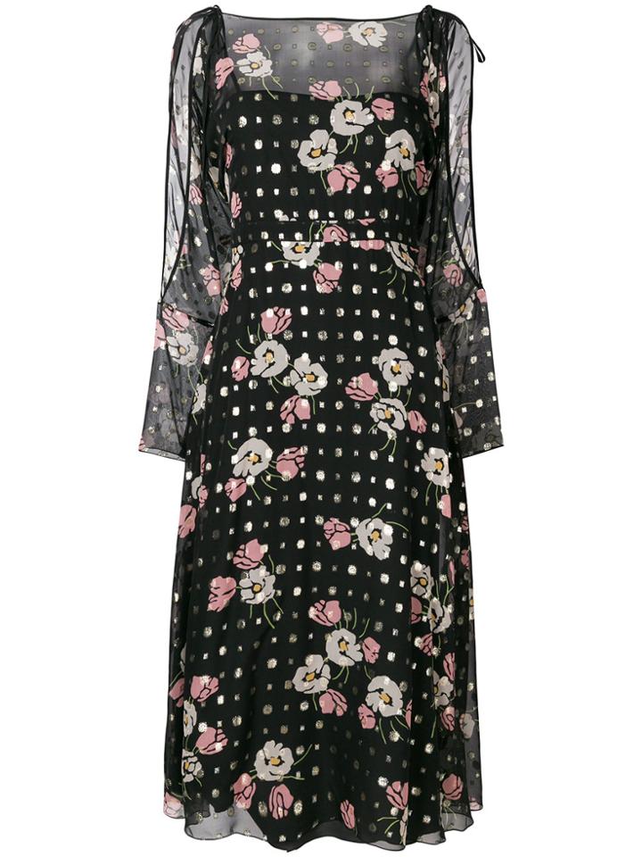 Red Valentino Cold Shoulder Floral Midi Dress - Black