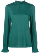 Closed Smocked Stand-up Collar Blouse - Green