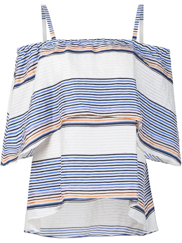 Tanya Taylor Off Shoulder Ruffle Striped Blouse, Women's, Size: 4, White, Cotton/linen/flax/acetate