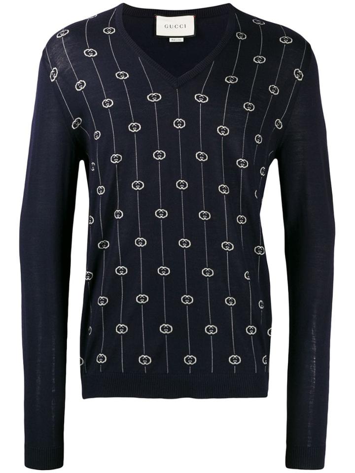 Gucci G Stripe V-neck Jumper - Blue