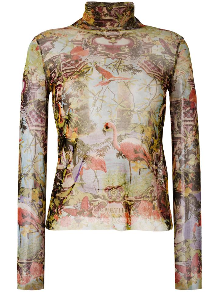 Jean Paul Gaultier Vintage Sheer Tropical Print Turtleneck Top -