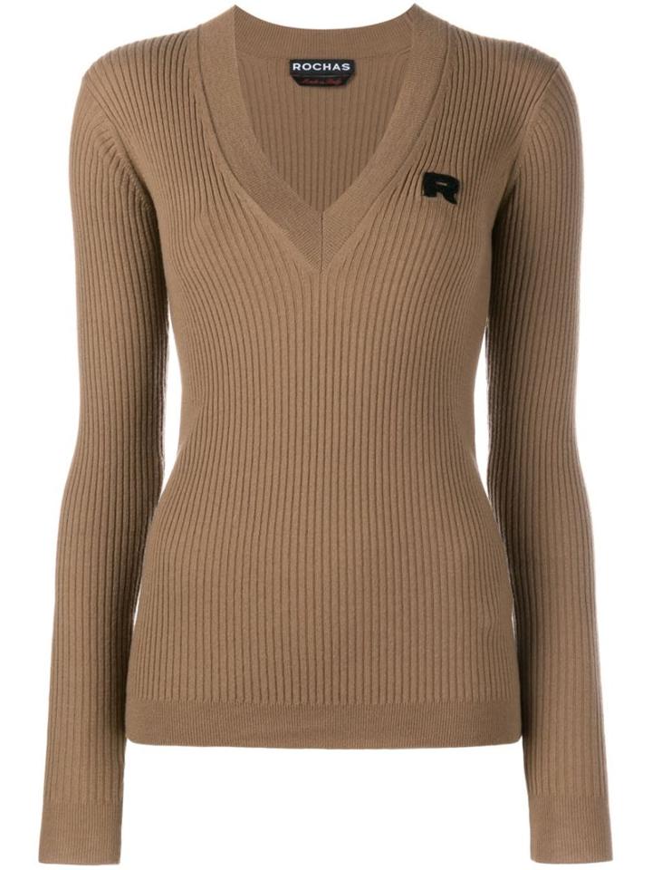 Rochas V-neck Ribbed Jumper, Women's, Size: 40, Brown, Cashmere/virgin Wool