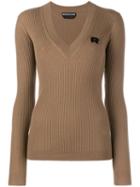 Rochas V-neck Ribbed Jumper, Women's, Size: 40, Brown, Cashmere/virgin Wool
