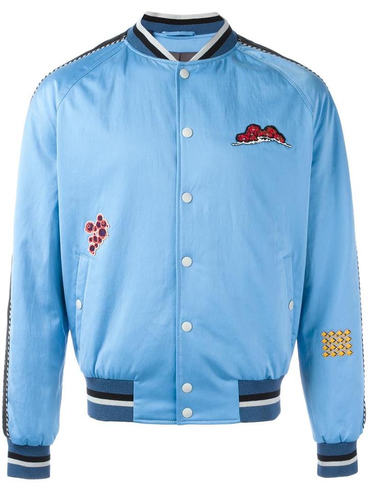Lanvin Embroidered Patch Baseball Bomber, Men's, Size: 46, Blue, Viscose/polyurethane/cotton/polyester