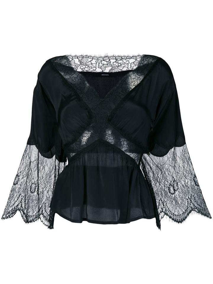 Diesel Flared Lace Panel Blouse - Black
