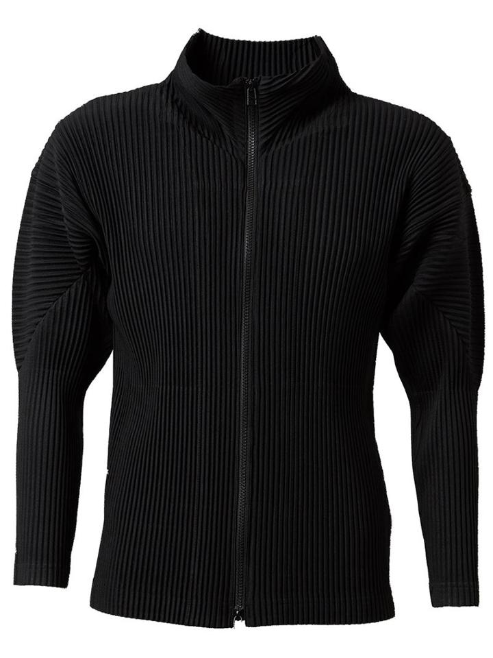 Homme Plissé Issey Miyake Pleated Zipped Cardigan, Men's, Size: 4, Black, Polyester