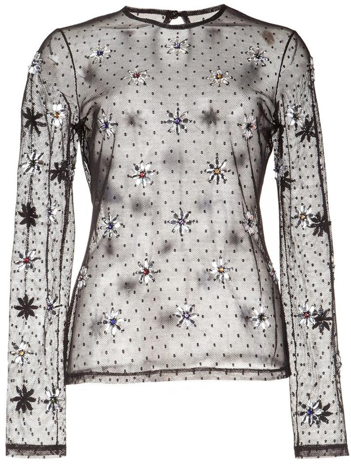 Moschino - Floral Jeweled Sheer Mesh Top - Women - Cotton/polyamide - 42, Black, Cotton/polyamide