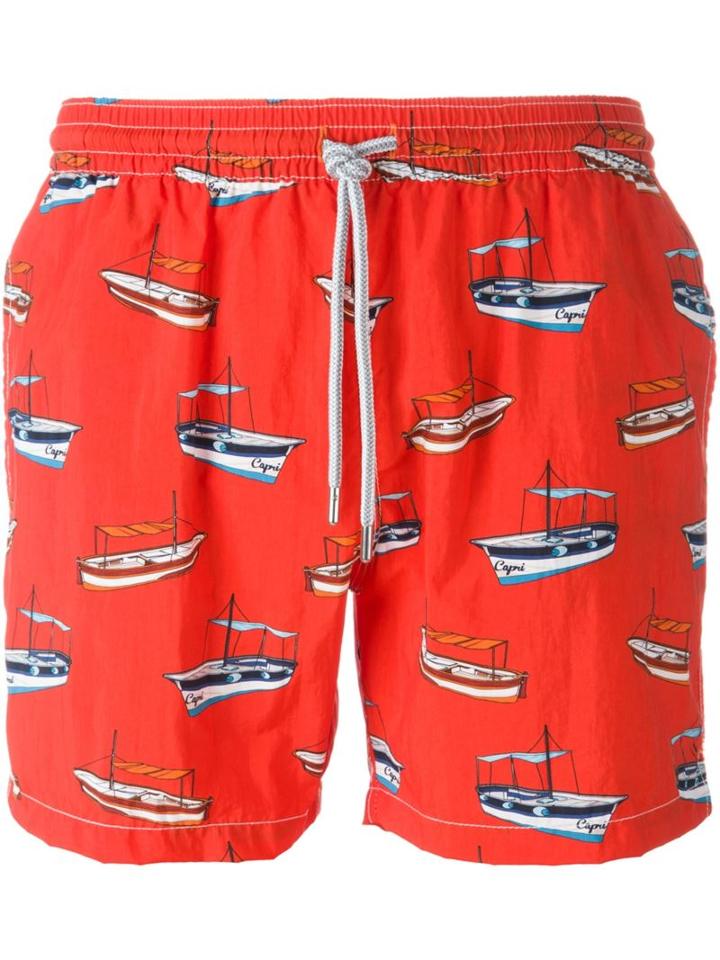 Capricode - Boat Print Swim Shorts - Men - Nylon - L, Red, Nylon