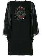 Philipp Plein Sequin Skull Mini Dress With Sheer Sleeves - Black