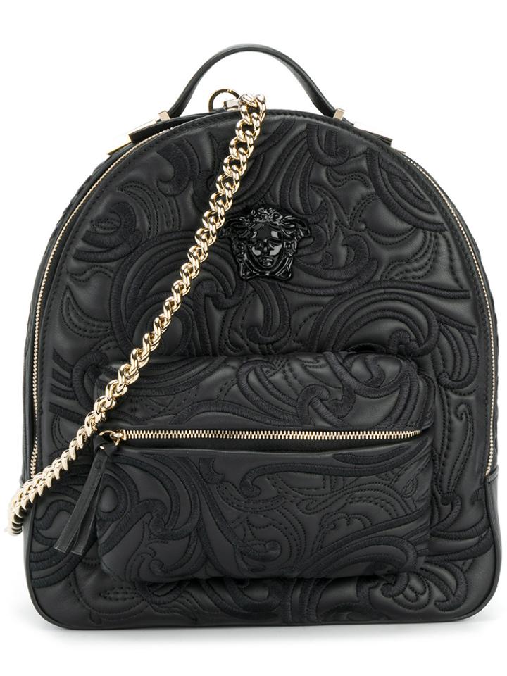 Versace Embroidered Embossed Backpack - Black