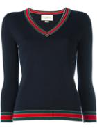 Gucci - Web Trim V-neck Jumper - Women - Wool - M, Blue, Wool