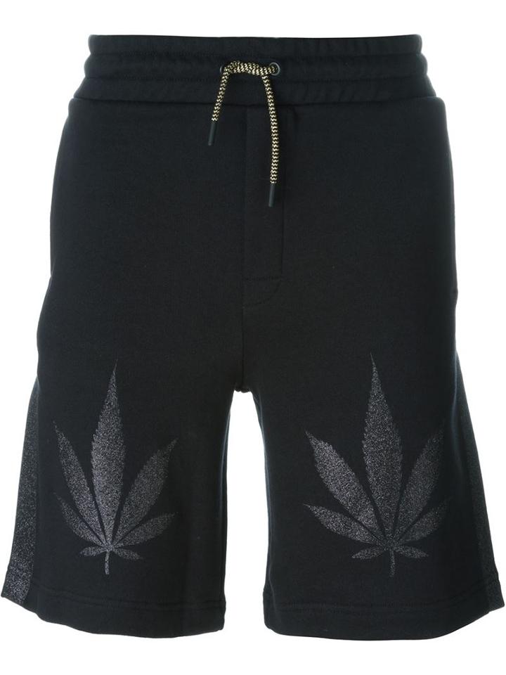 Palm Angels Leaf Print Track Shorts, Men's, Size: Large, Black, Cotton