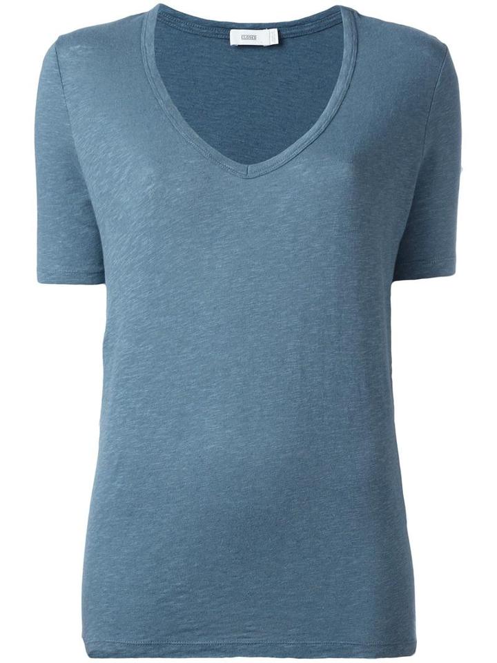Closed V-neck T-shirt, Women's, Size: Large, Blue, Cotton/linen/flax