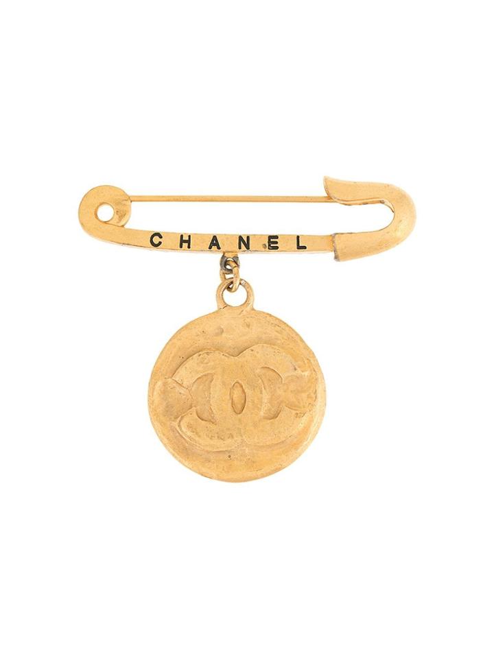 Chanel Vintage Round Logo Brooch - Gold
