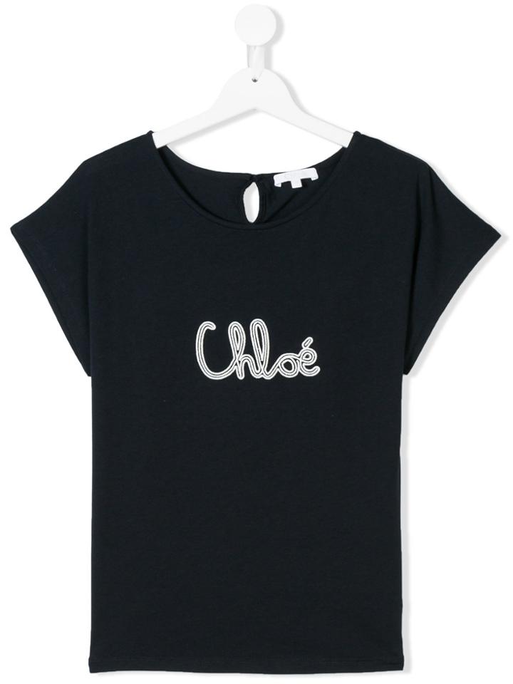 Chloé Kids Embroidered Logo T-shirt - Blue