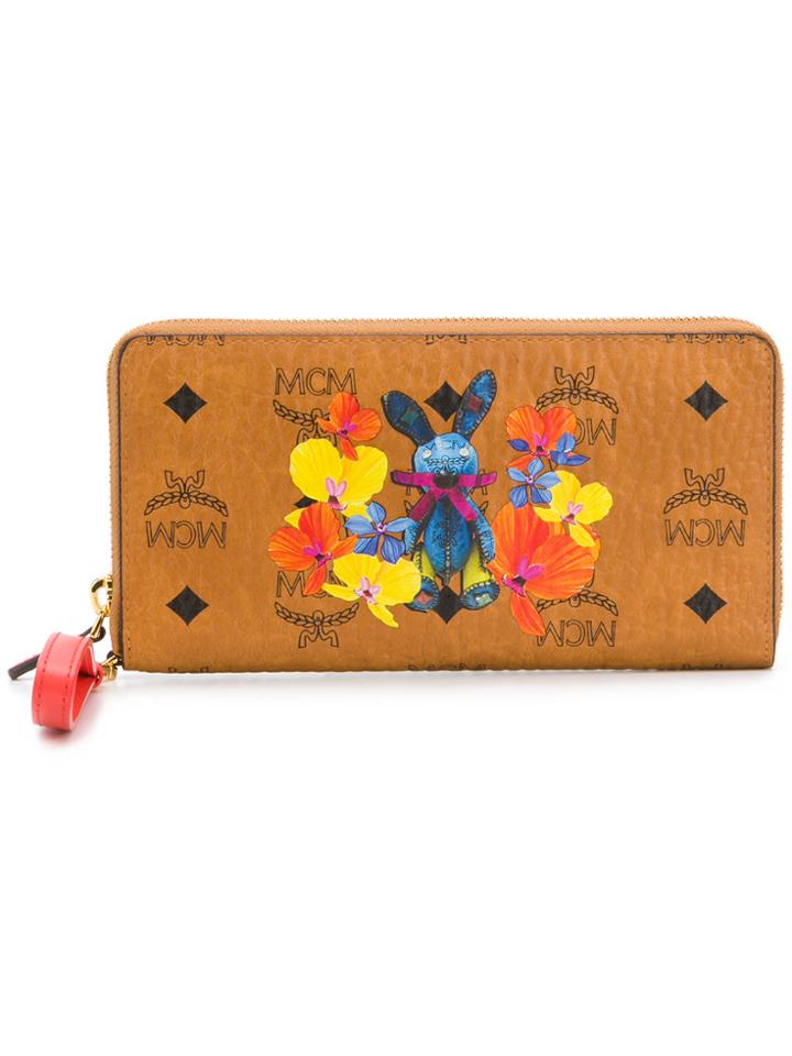 Mcm Bunny And Floral Appliqué Logo Print Wallet - Brown