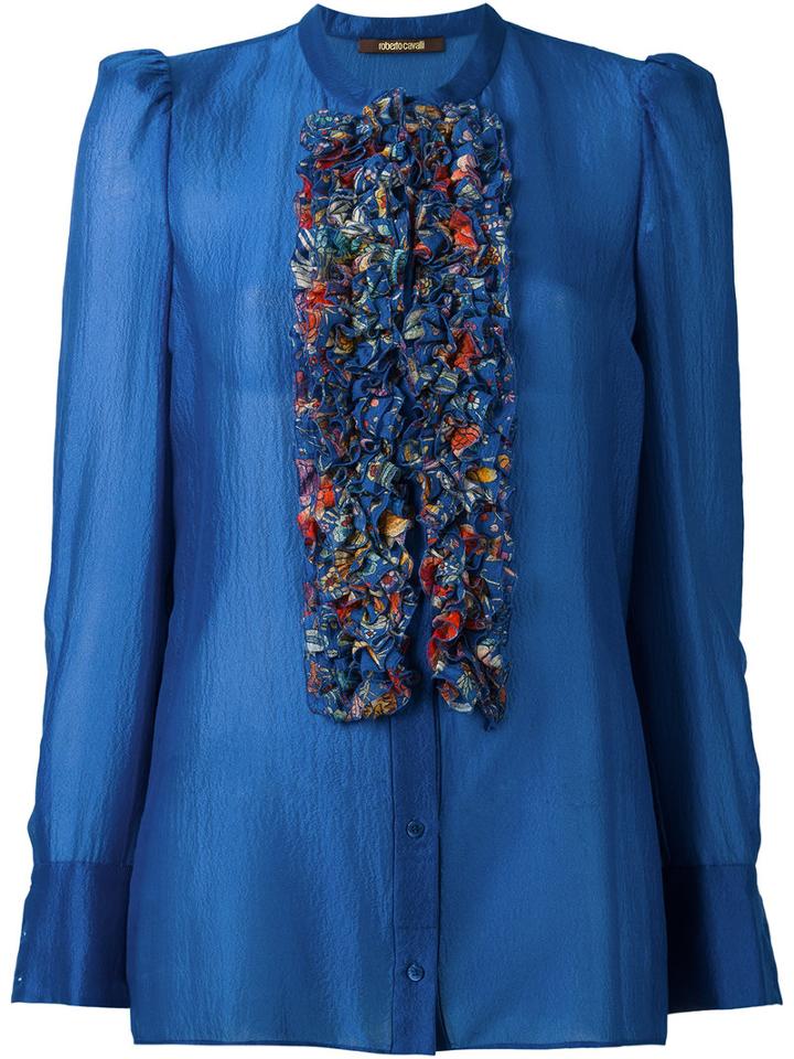 Roberto Cavalli Ruffled Bib Blouse, Women's, Size: 44, Blue, Silk