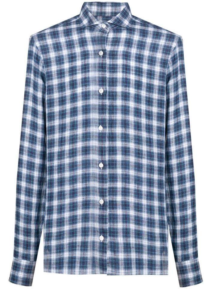 Barba Plaid Spread Collar Shirt - Blue
